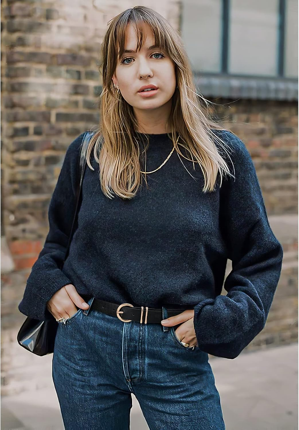 2 Pack Double Ring Belt for Women, Faux Leather Jeans Belts with Golden Circle Buckle, 01 Black+Brown+Beige, Fit Pant 31-36In image number 4