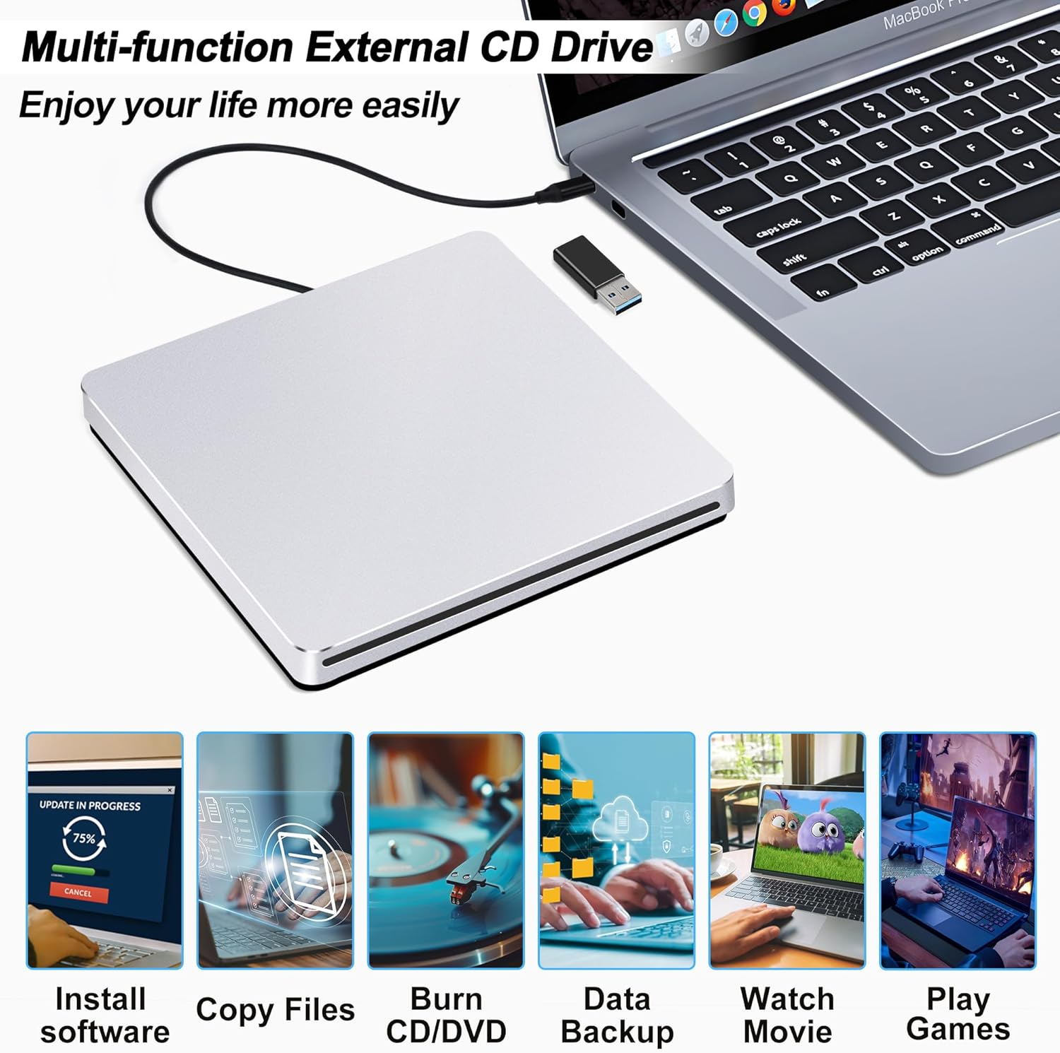 NOLYTH External CD DVD Drive: Plug & Play for Laptop Mac Macbook PC Windows - Portable High-Transfer USB C Burner for Music/Movie/Data Backup - Slot-In Aluminum with USB 3.0 Adapter(Silver) image number 4