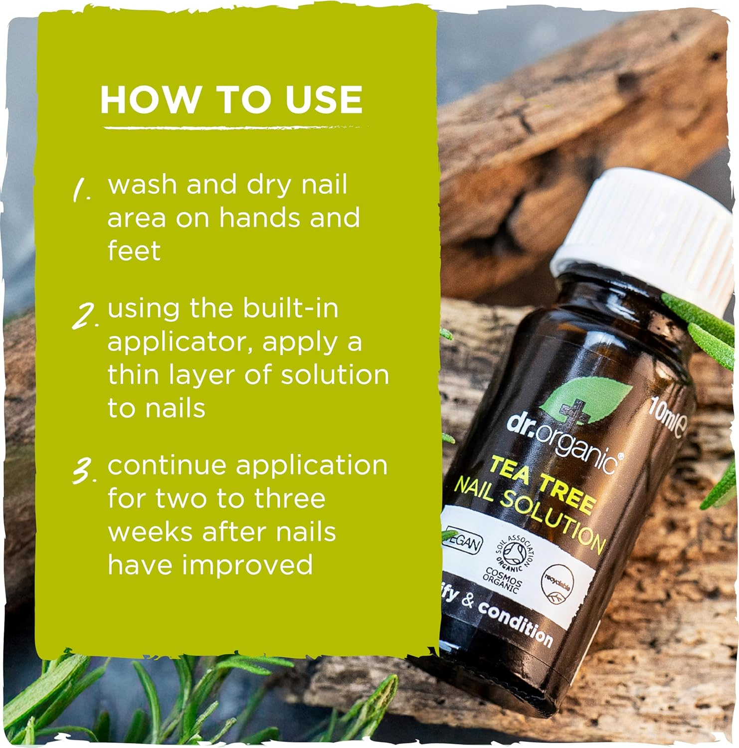 Dr Organic Tea Tree Nail Solution, Purifying, Conditioning, Mens, Womens, Natural, Vegan, Cruelty-Free, Paraben & Sls-Free, Recyclable & Recycled Ocean Bound Plastic, Certified Organic, 10Ml image number 2