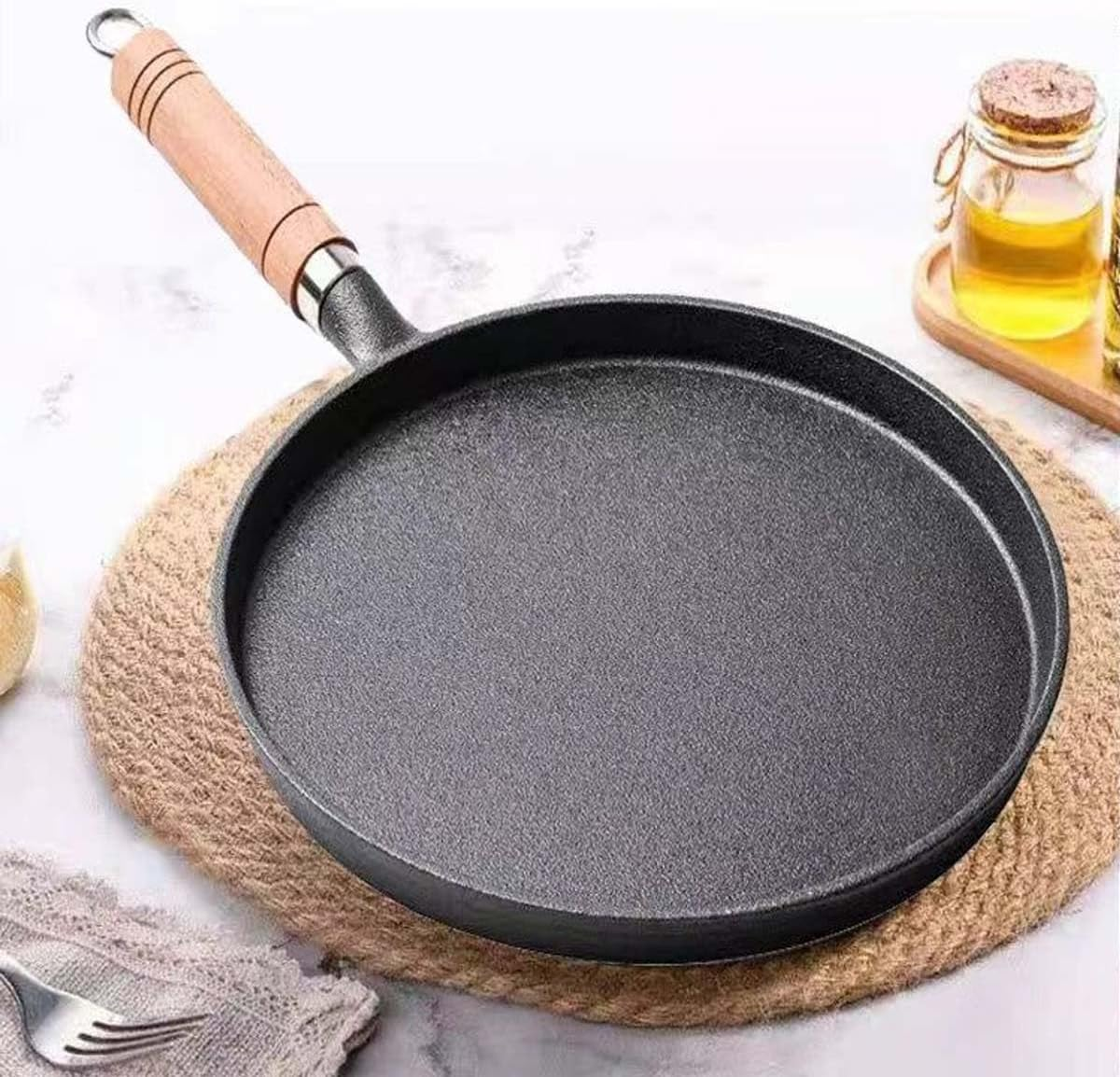 Cast Iron Flat Pan,Frying Pan, Skillet, Non Stick, Wooden Handle,Iron Pot, Flat Bottomed Pan (Simple 25Cm) image number 3