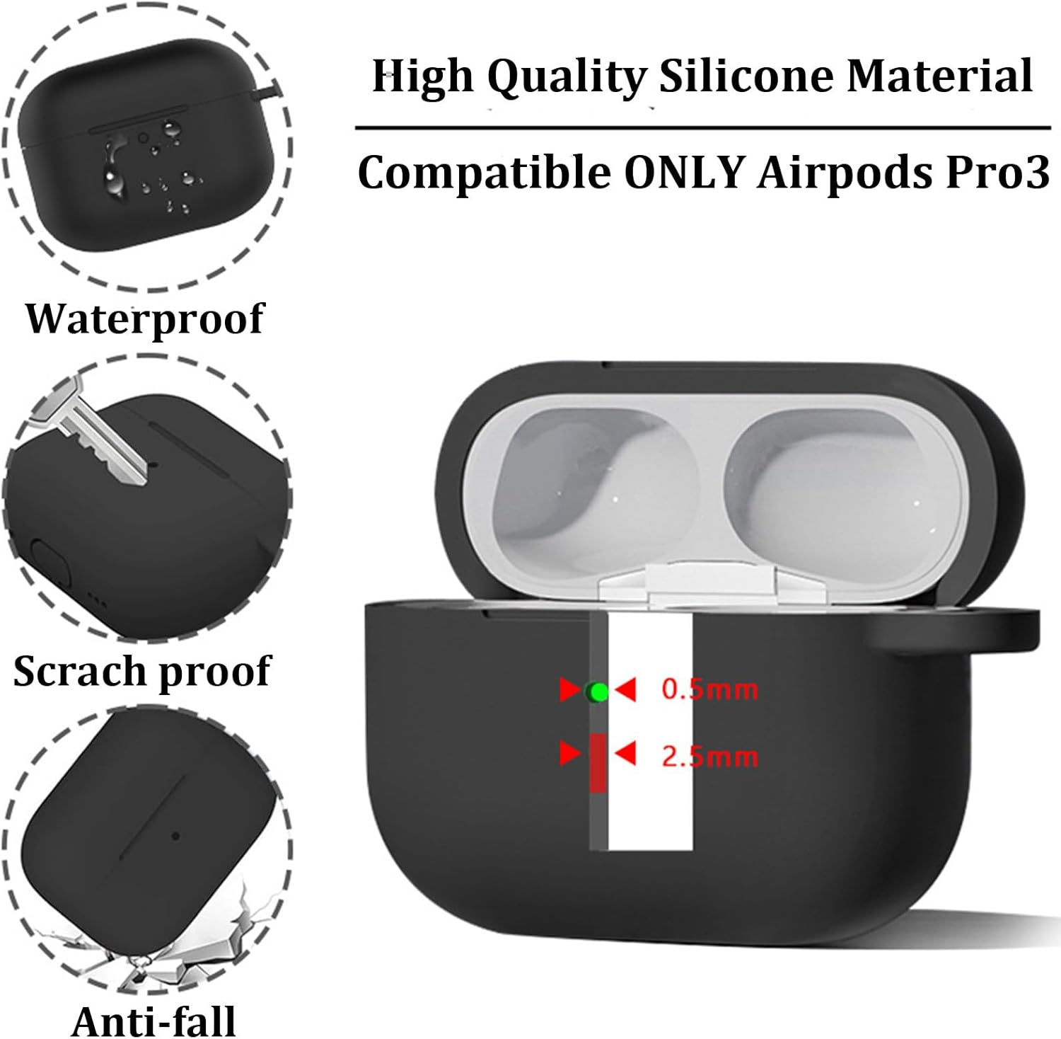 MOIHSING for Airpods Pro 3 Case, Soft Silicone Protective Skin Cover Compatible with Airpods Pro Case 3Rd Generation (2025), Compatible Magsafe, Full Drop Protection Cover with Lanyard, Purple - Black image number 3