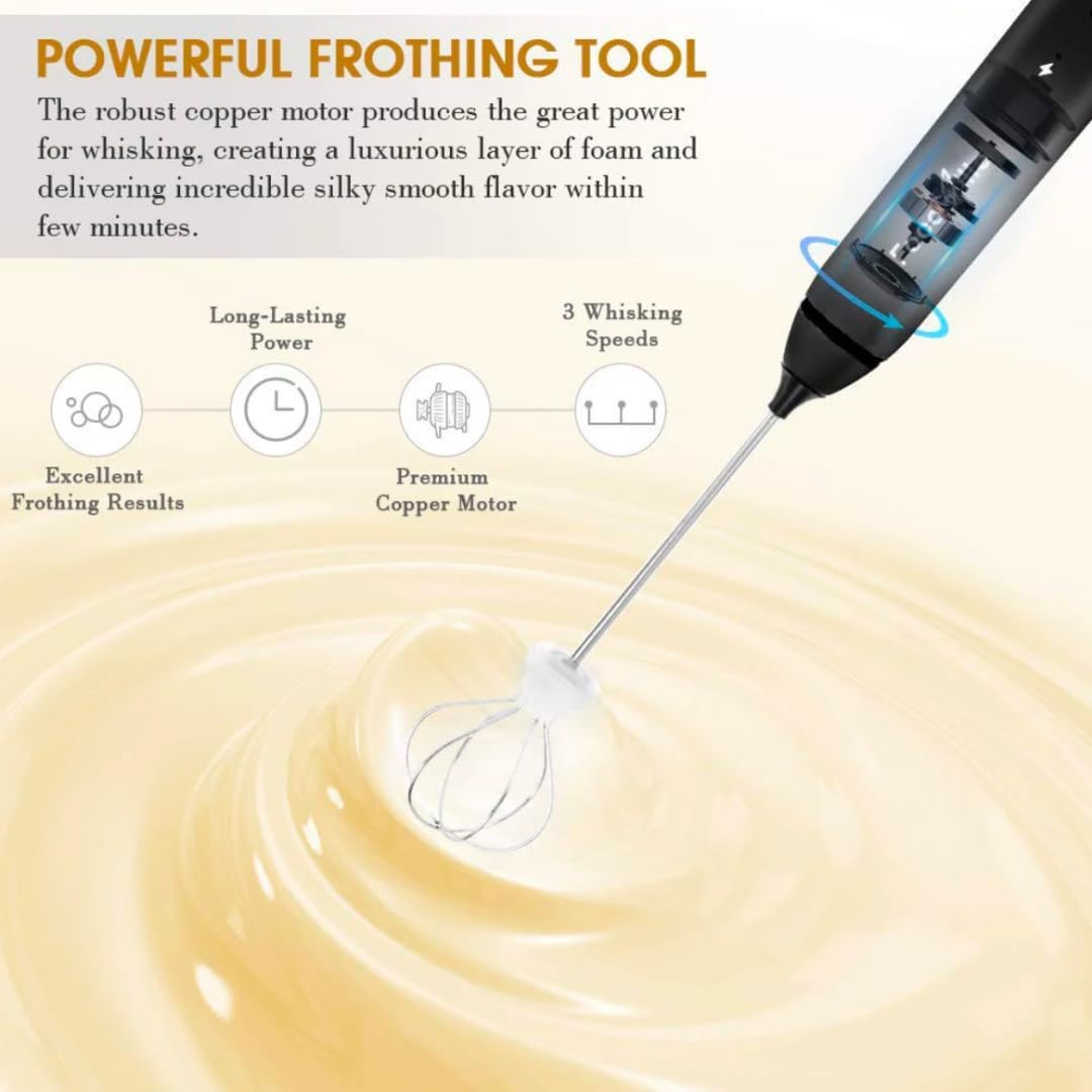 Rechargeable USB Whisk, Electric Milk Frother & Egg Beater, 3-Speed Handheld Mixer