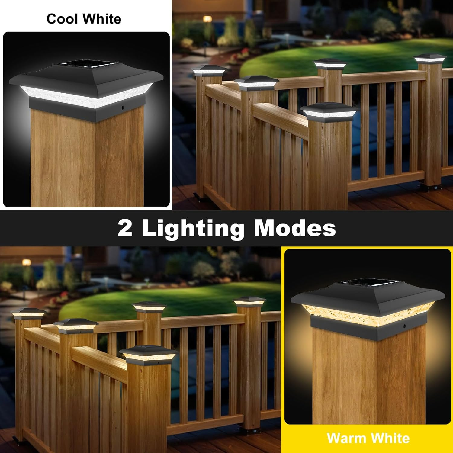 T-SUN Solar Post Cap Lights 6 Pack for 4X4 Vinyl/Wooden Posts, Waterproof Outdoor Warm/Cool White（3000K/6000K） Solar Powered Deck/Garden/Patio Lighting image number 4