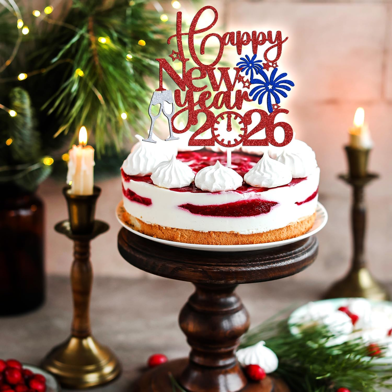 Happy New Year 2025 Cake Topper, Welcome 2025 Goodbye 2024, New Year Eve/Happy Hoilday/Merry Christmas Party Decorations Supplies, Photo Props, Red and Blue Glitter image number 5