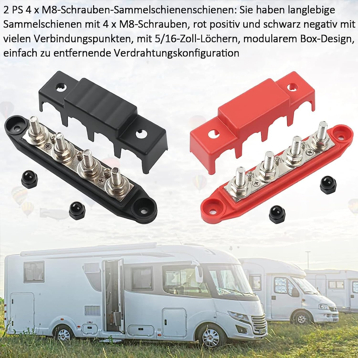 12V-48V Bus Bar Power Distribution Block with 4 M8 Terminal Studs, High Performance Module BUSBAR with Cover for Cars Rvs Ships Yachts (Red & Black) image number 3