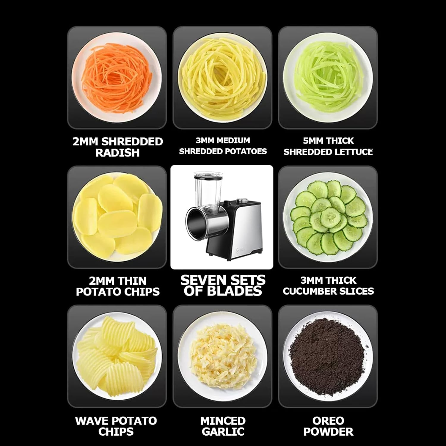 400W Cheese Grater, Electric Vegetables Dicer with One-Touch Control 7 Blades for Potato, Nuts, Kitchen Chopper Vegetable Cutter with Non-Slip Suction Base image number 3