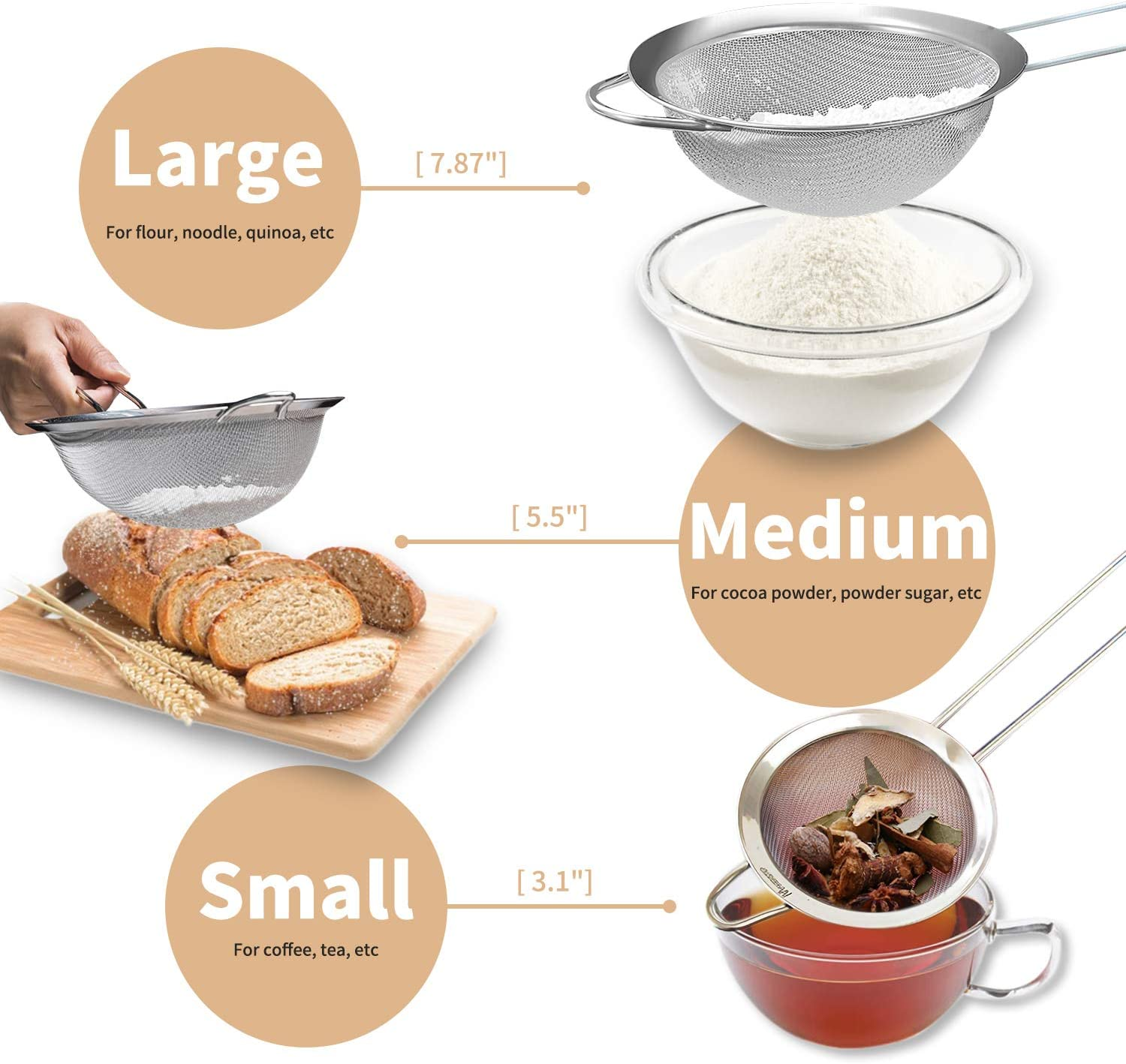 Set of 5 Fine Mesh Strainer, Stainless Steel Colander Kitchen Sieve Sifters for Kitchen Food, with Handles, Small Medium Large Size (5Pcs) - Silver image number 3