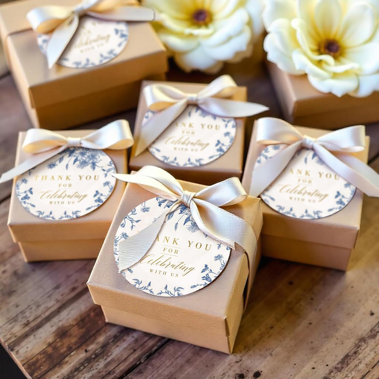 Mobiusea Creation Thank You for Celebrating with Us Stickers | Gold Foil Wedding Favor Stickers | 60Pcs Waterproof 2" Vintage Blue Floral Labels for Baby Shower, Bridal Shower, Parties image number 6