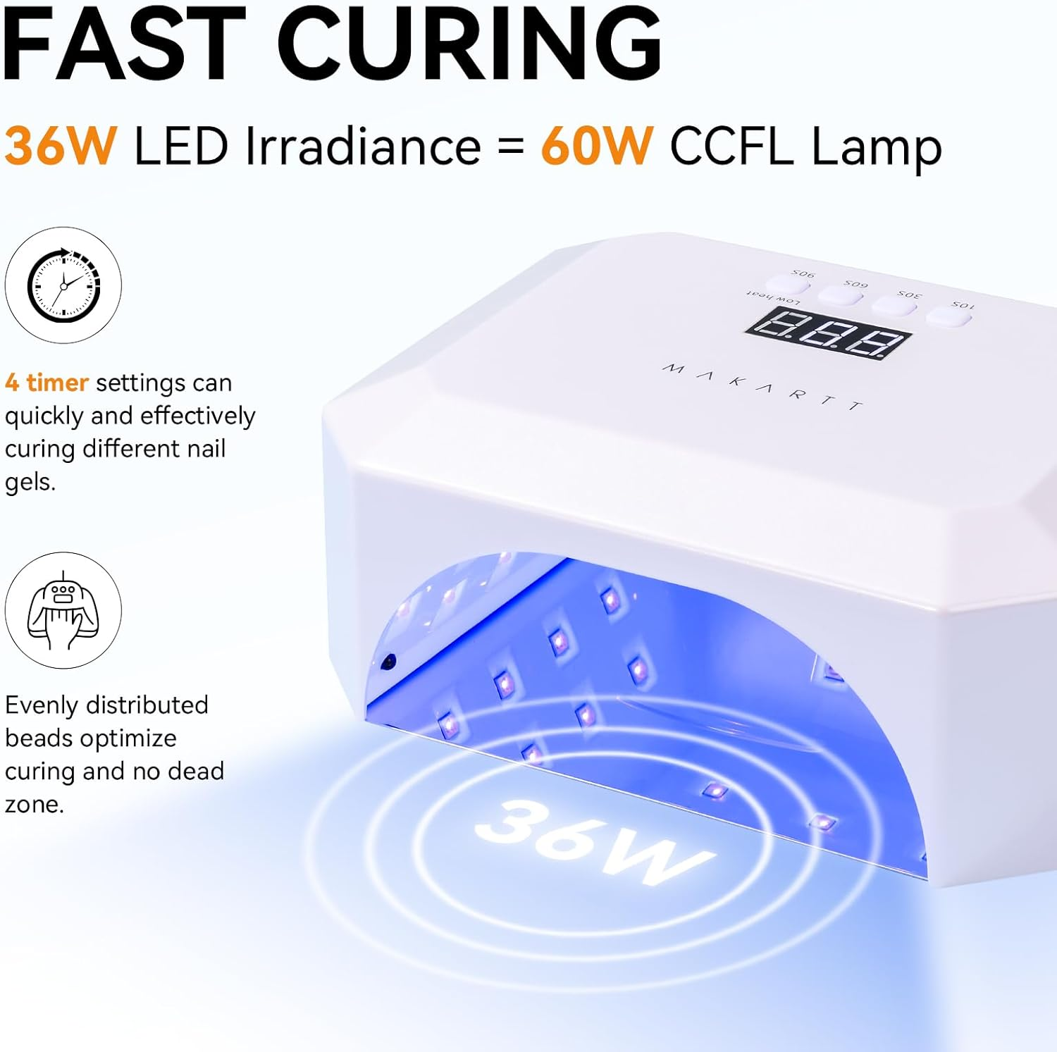 Makartt UV LED Nail Lamp: UV Light for Gel Nails Rechargeable Aurora 36W Gel Lamp with 4 Timers & Auto Sensor Professional Fast Curing Cordless Nail Light for Home Salon Manicure image number 2