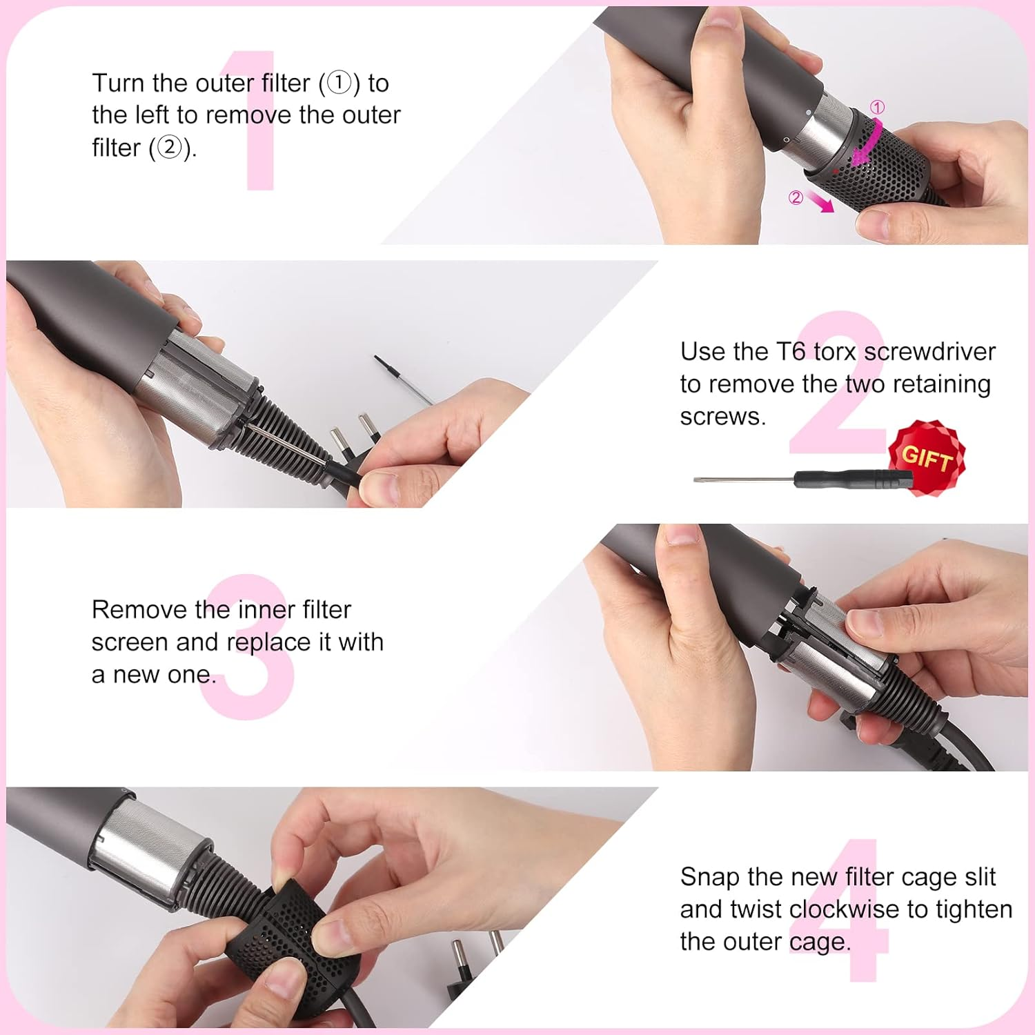 Hair Dryer Inner Filter + Outer Filter Cage Replacement for Dyson Hair Dryer HD01 HD03 HD08 Models, Hair Dryer Filter Mesh Filter Cover Cap Protect Attachments Easy Disassembly (Black) image number 1