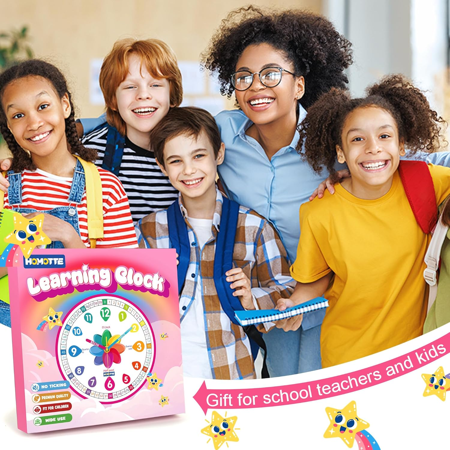 Homotte Analog Learning Clock for Kids, 10 Inch Pink Wall Clock for Bedroom, Telling Time Teach Clock, Children'S Silent Non-Ticking Educational Wall Clock for Classroom Girls Home Decor image number 1