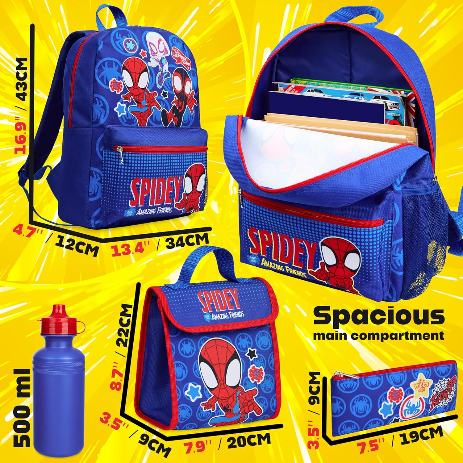 Marvel Spiderman Backpack Set 4 Pcs Water Bottle Pencil Case Lunch Bag or Wallet Keyring Travel School School Supplies, Blue, One Size, Spidey image number 4