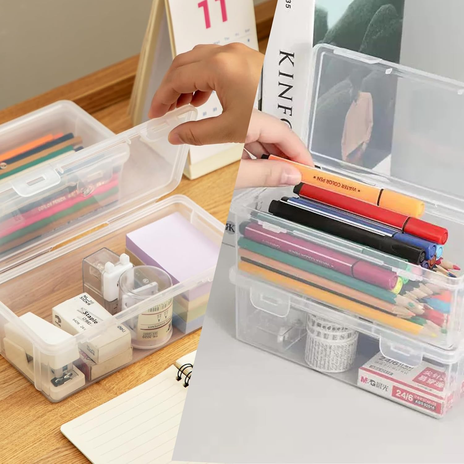 6 Pcs Plastic Large Capacity Pencil Box, Storage Organizer Container with Latching Lid - See-Through for Easy Organisation, for Bead Pens Ribbon Washi Tape Stickers Yarn Decorations image number 3