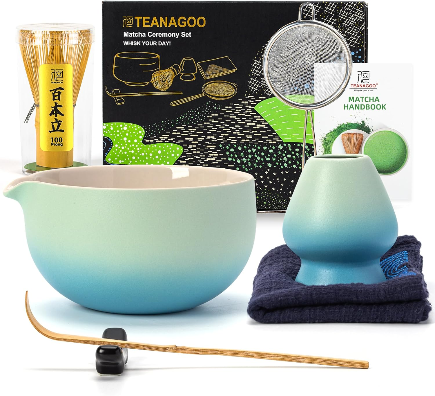 TEANAGOO Matcha Set, 7 Pcs Matcha Whisk Set for Ceremony, Matcha Kit Junware-Blue, Matcha Tea Set for Making Breakfast/Matcha Latte, Great for Matcha Lover, Matcha Whisk and Bowl with All Accessories