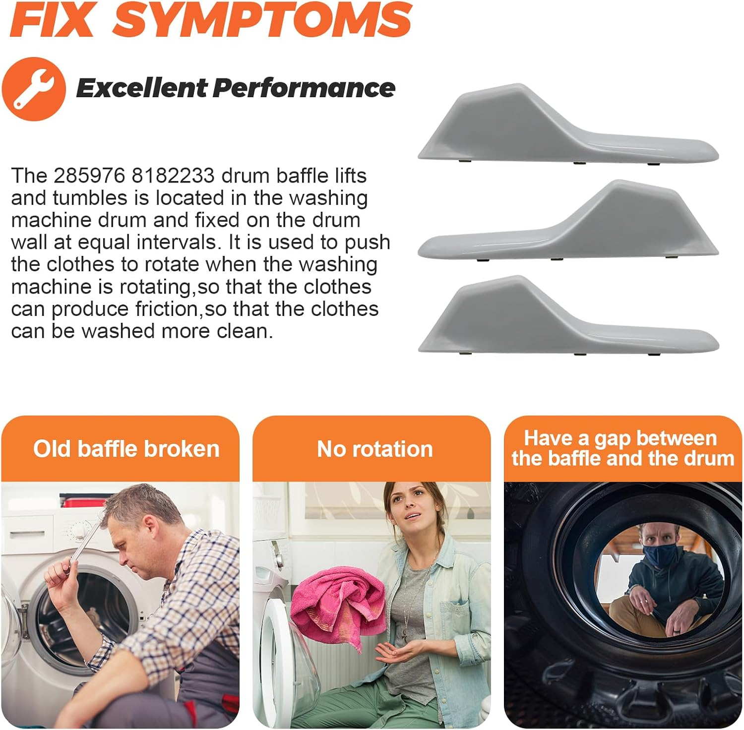 UPGRADED 285976 8182233 Drum Baffle by Beaquicy - Replacement for Whirlpool Ken-More Washing Machine - Pack of 3 - Replaces AP3769371 8181669 image number 4