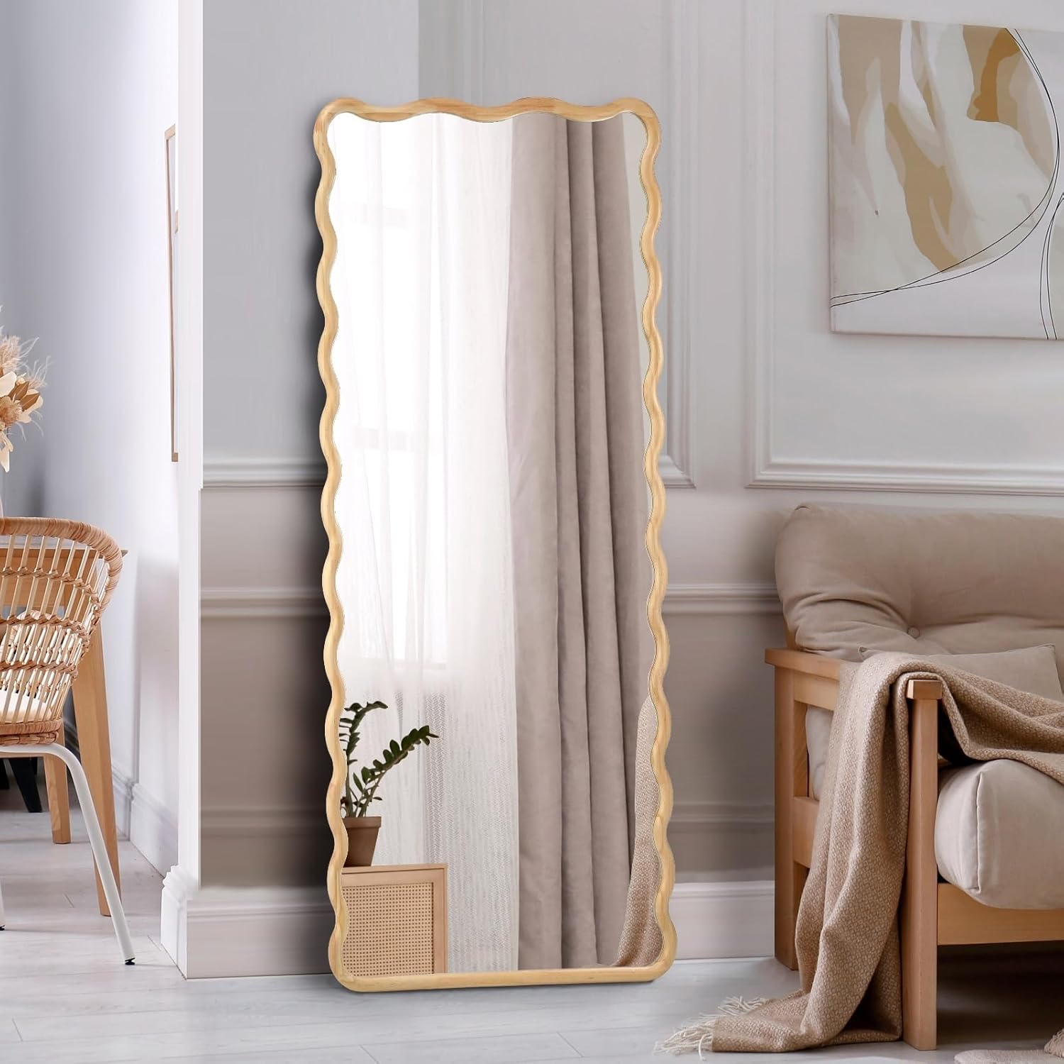 Oikiture Wavy Rectangular Full Length Mirror 165X60Cm Floor Mirror with Wooden Frame HD Reflections for Home Bedroom Living Room Dressing Room image number 2
