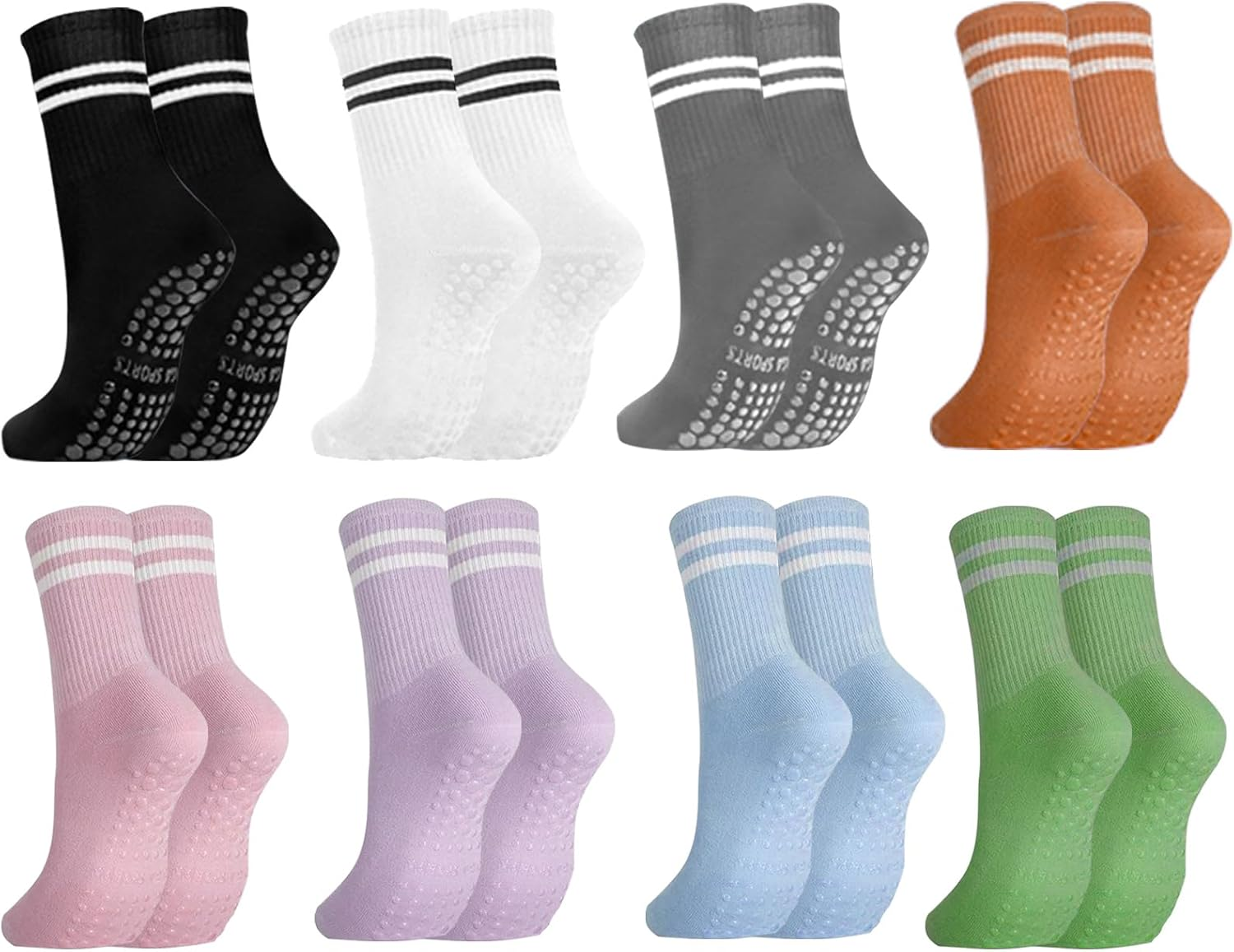 8 Pairs Yoga Grip Socks, Non Slip Pilates Socks Ladies Mid-Calf Pilates Grip Sock, Breathable Cotton Yoga Socks for Gym, Dance, Training, Barre, Fitness, Workout, Wooden Floor