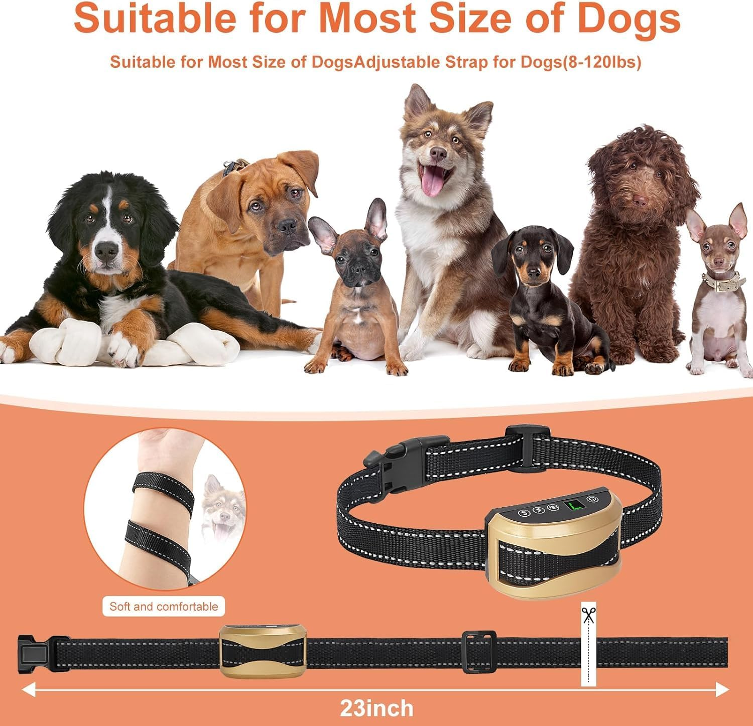Dog Bark Collar, Dog Bark Collar for Small Medium Large Dogs with 4 Training Modes and 7 Level Sensitivity Adjustable, Rechargeable Bark Collar No Shock for Dogs with Beep Vibration Shock, Gold image number 1