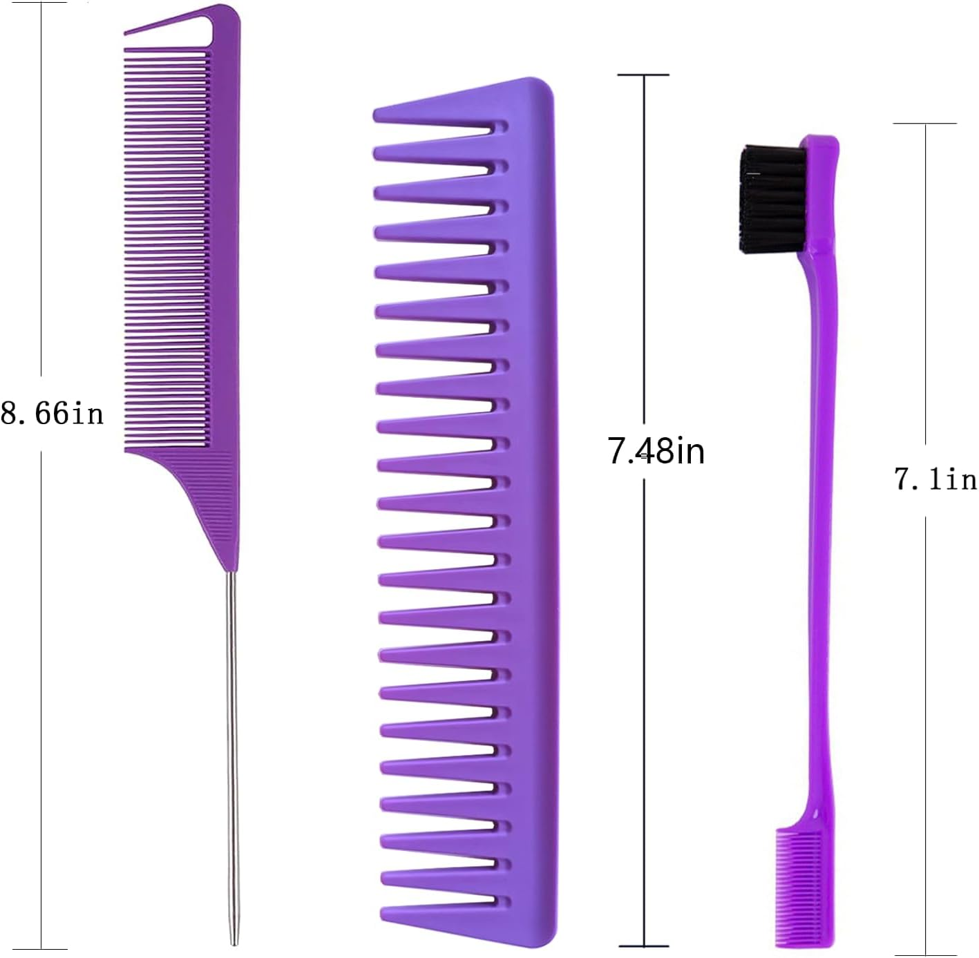 Hair Styling Comb Set 3PCS, Teasing Hair Brush, Rat Tail Comb Edge Brush, Hair Tail Tools for Women Girls Kids Braiding Backcombing Styling (Purple) image number 3