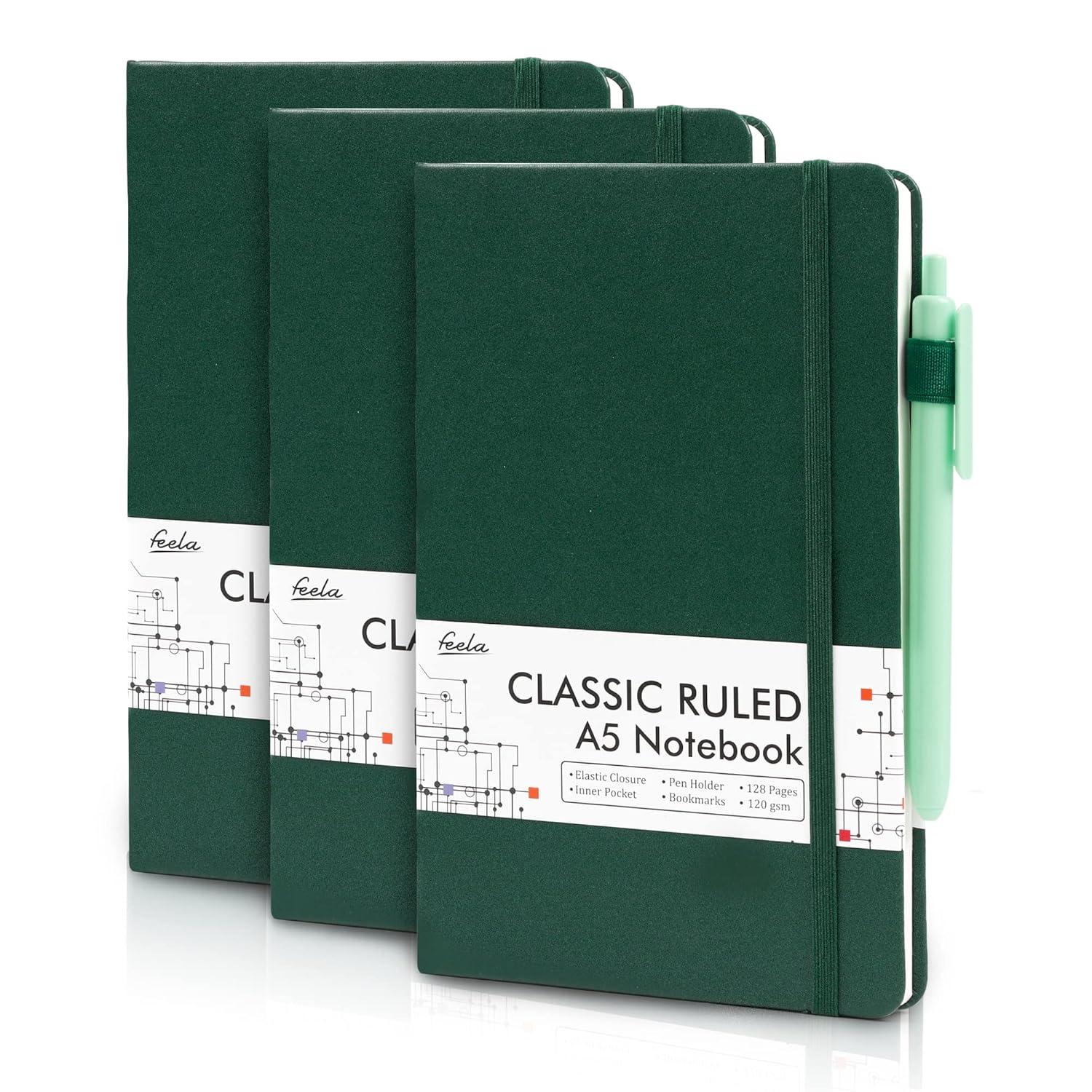 Feela 3 Pack Notebook Journals Bulk with 3 Black Pens, A5 Hardcover Notebooks Classic Ruled Lined Journal Set with Pen Holder for Work Business Journaling Note Taking, 120 GSM, 5.1&rdquo;X8.3&rdquo;, Dark Green
