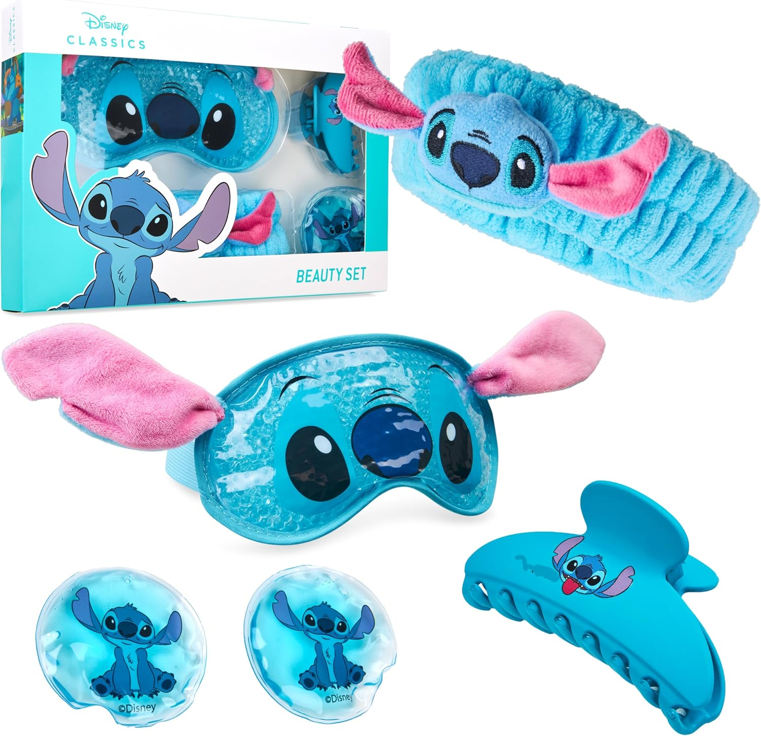 Disney Stitch Cooling Eye Mask & Beauty Accessories Set with Claw Clip Skincare Headband Cooling Eye Pads, Pampering Beauty Gifts for Women (Blue) image number 4