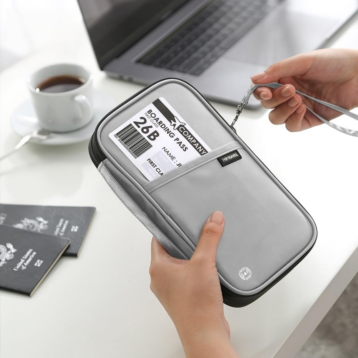 Wigmoa Family Passport Holder, RFID Blocking Passport Wallet for Women, Men, Travel Essentials Wallet, Waterproof Passport Holder Bag, Travel Document Organizer, S-ME (Light Gray)