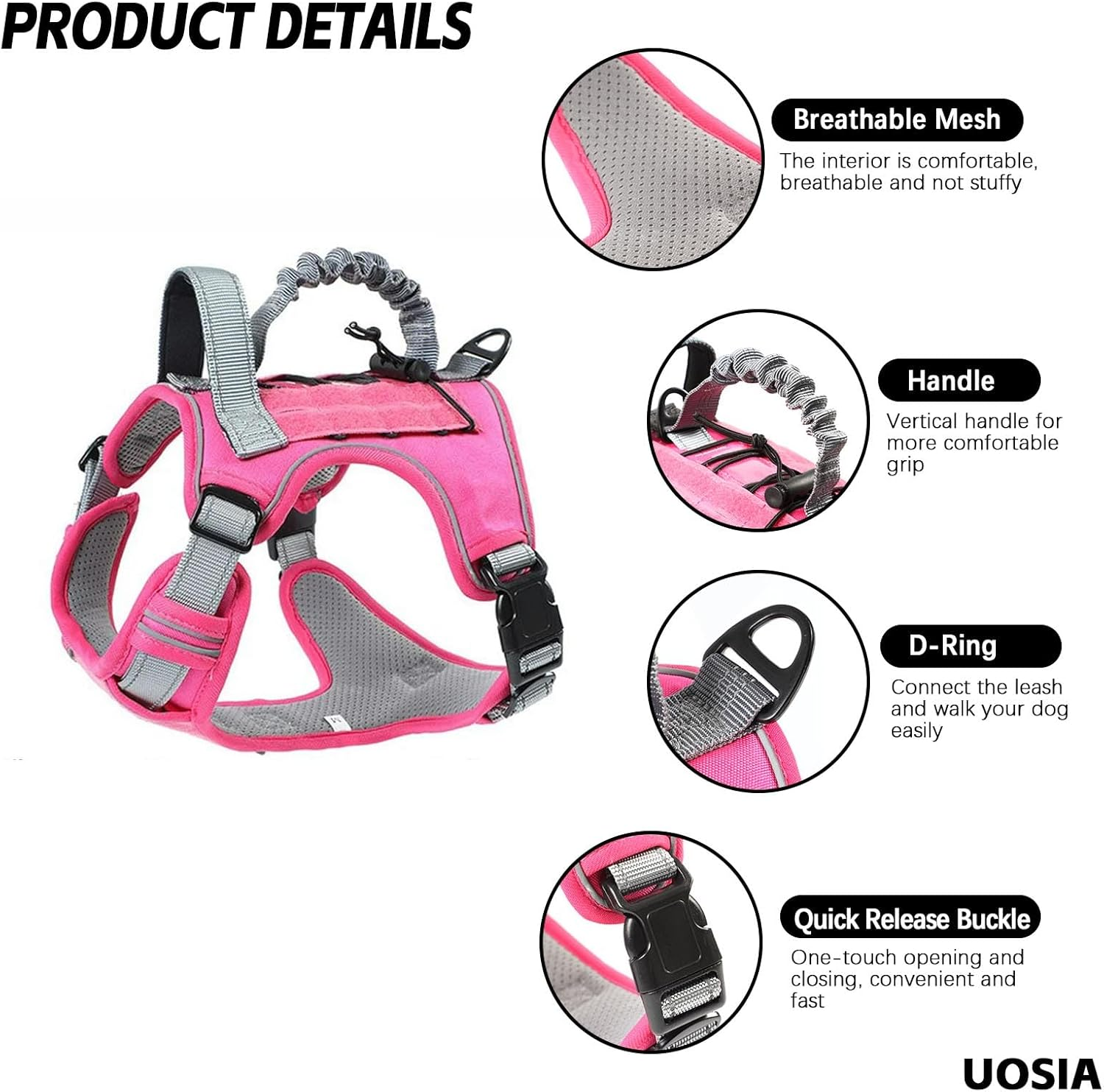 UOSIA Dog Tactical Vest Harness Military Dog Harness with Hook & Loop Panels and Handle No-Pull Service Dog Vest Adjustable Dog Harness and Pet Hand Holding Rope image number 6