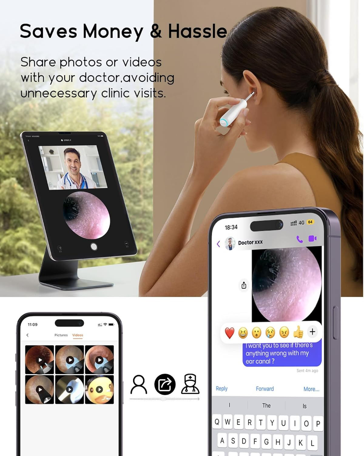 Bebird Home 30S Camera for Ear Canal Wax Removal Tool, Flexible Ear Viewing Scope Oto-Scope Cleaner with Cam, UVC Light, Visible Liquid Applicator & Tweezers, Video Earpick Kit for Adults & Kids image number 6