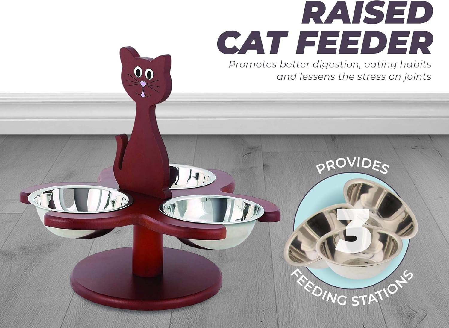 Pet Store Wood Multi-Cat Raised Feeder with 3 Metal Bowls