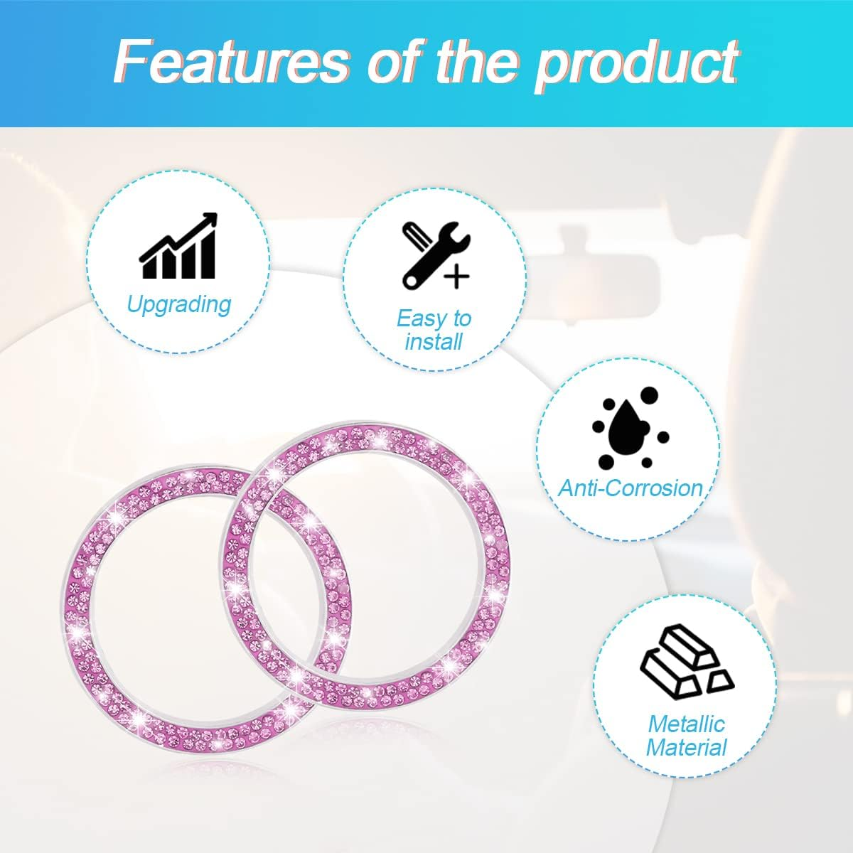 Car Bling Crystal Rhinestone Engine Start Ring Decals, 2 Pack Car Push Start Button Cover/Sticker, Key Ignition Knob Bling Ring, Sparkling Car Interior Accessories for Women (Double Purple) - Double Black image number 3