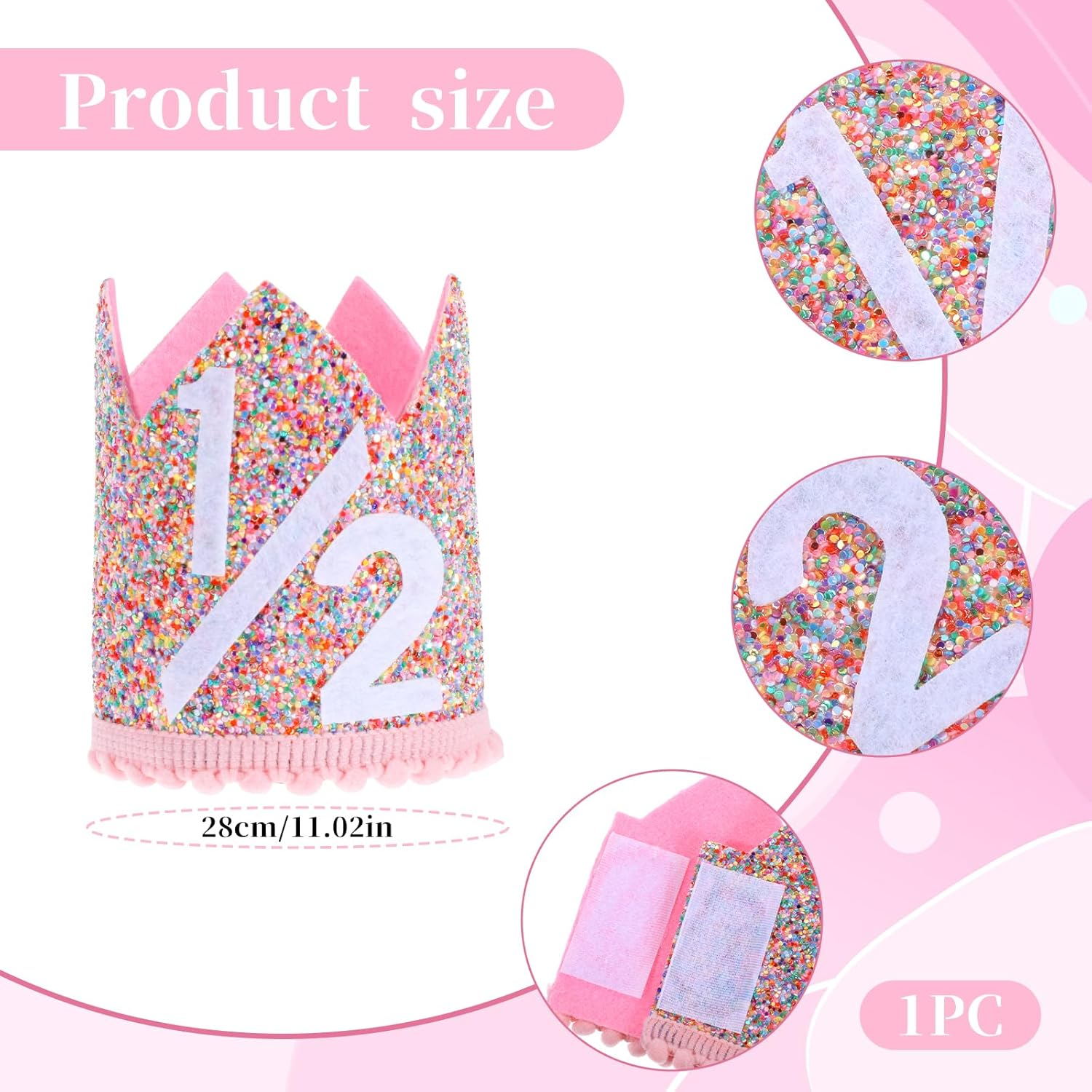Pink 1/2 Birthday Crown, Half Birthday Hat with Glitter and Confetti for 1/2 Birthday Girl or Boy, Ages 0-2 image number 2