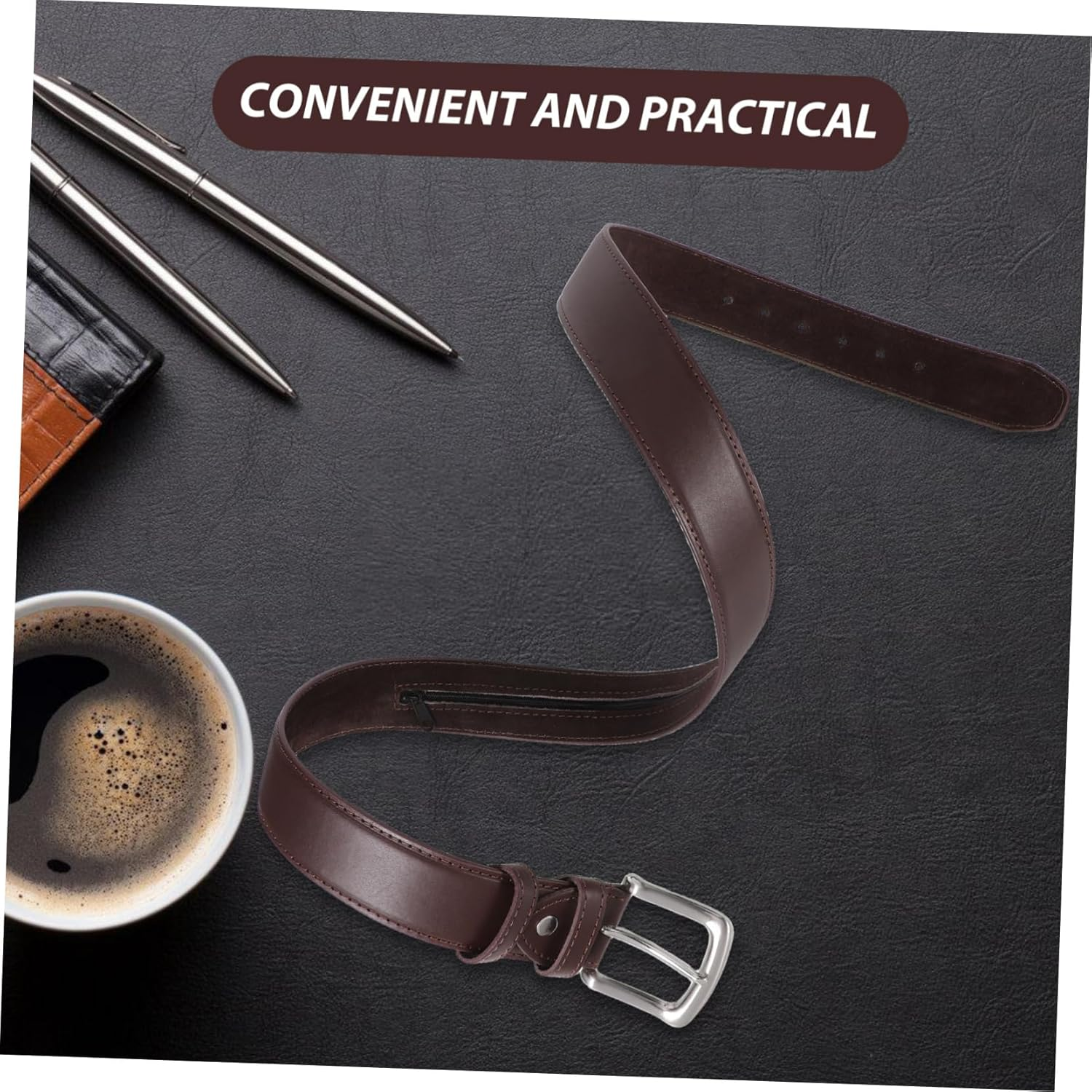 ADOCARN Wallet Belt for Men Travel Money Waist Pouch Zipper Pocket Belt for Men - Brown image number 6