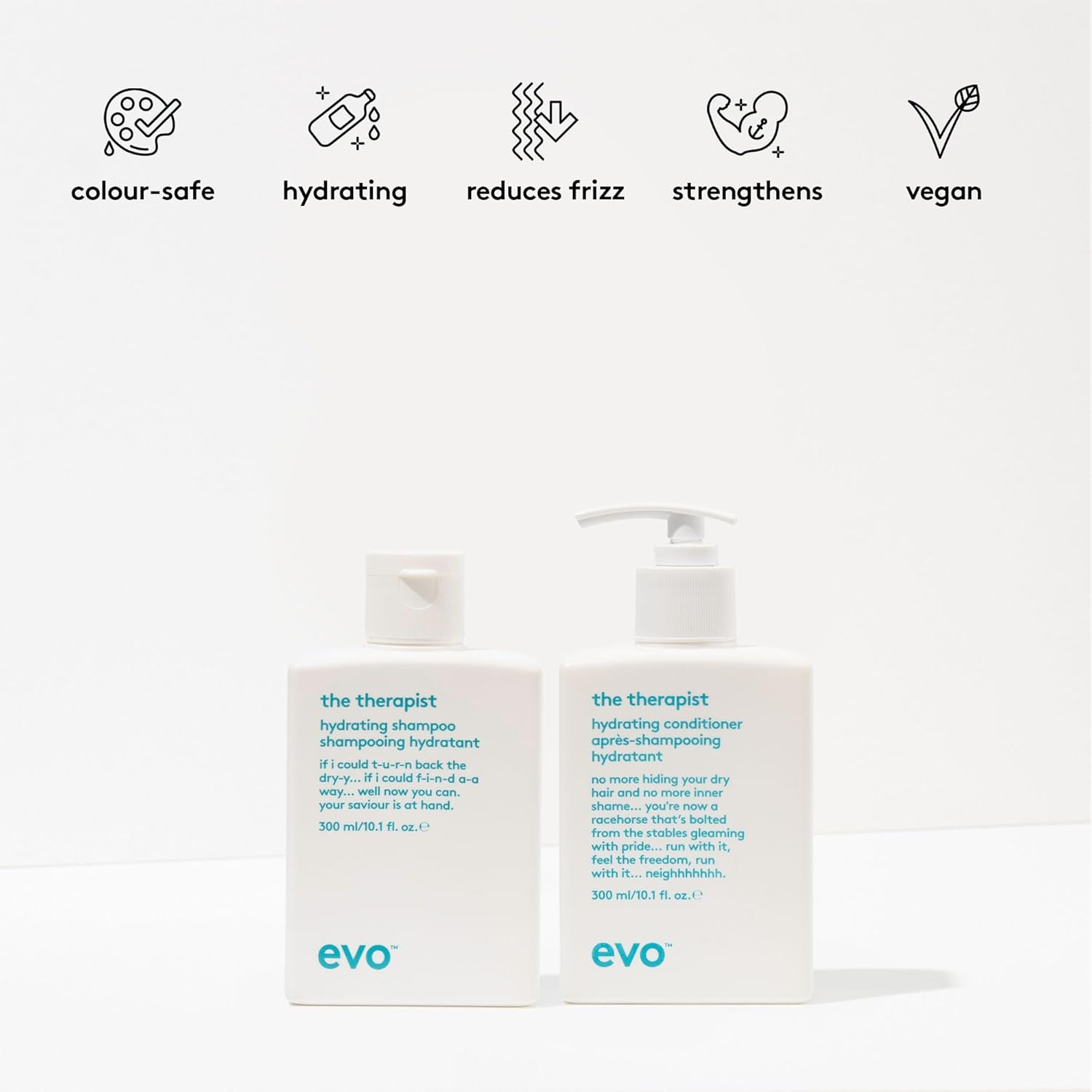 Evo the Therapist Hydrating Shampoo & Conditioner - Hydrates, Strengthen and Softens Whilst Improving Shine - Protects Colour Treated Dry Hair, Helps to Detangle - 300Ml / 10.1Fl.Oz image number 2