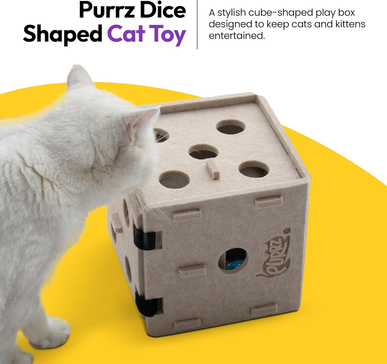PURRZ Dice-Shaped Felt Cat Toy &ndash; Interactive Cube Play Box for Cats & Kittens &ndash; Durable Polyester Felt with Paw Holes & Internal Bell Ball, Puzzle Toy for Cats (Grey)