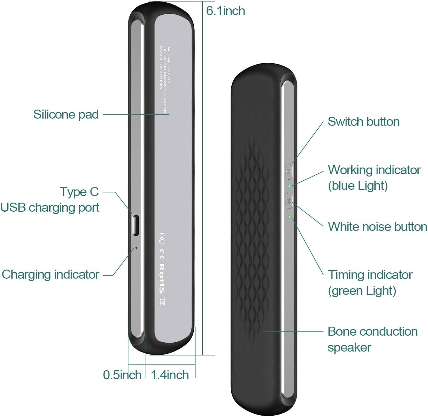 Pillow Speaker Bone Conduction Stereo, Mini Portable Bluetooth Sleep Headphones for Deep Sleeping, Insomnia White Noise Machine for Side Sleepers-Black image number 5