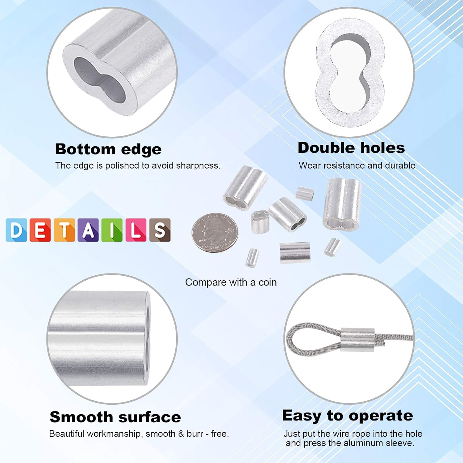 Glarks 50Pcs 3/16''(5Mm) Aluminum Crimping Loop Sleeve Wire Rope Sleeves Double Barrel Ferrule for Wire Rope and Cable Line End (3/16''-50Pcs) image number 1