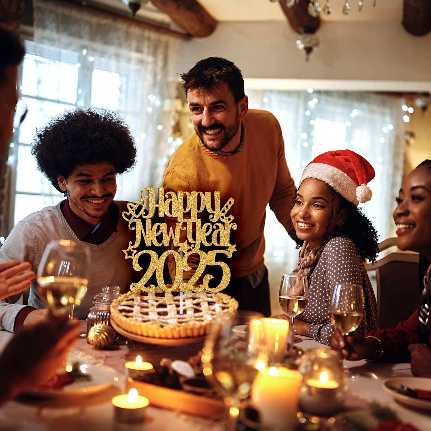 Happy New Year 2025 Cake Topper, Happy Holiday/Merry Christmas Cake Decor, New Year'S Eve Festival Party Decoration Suppllies, Gold Glitter image number 3