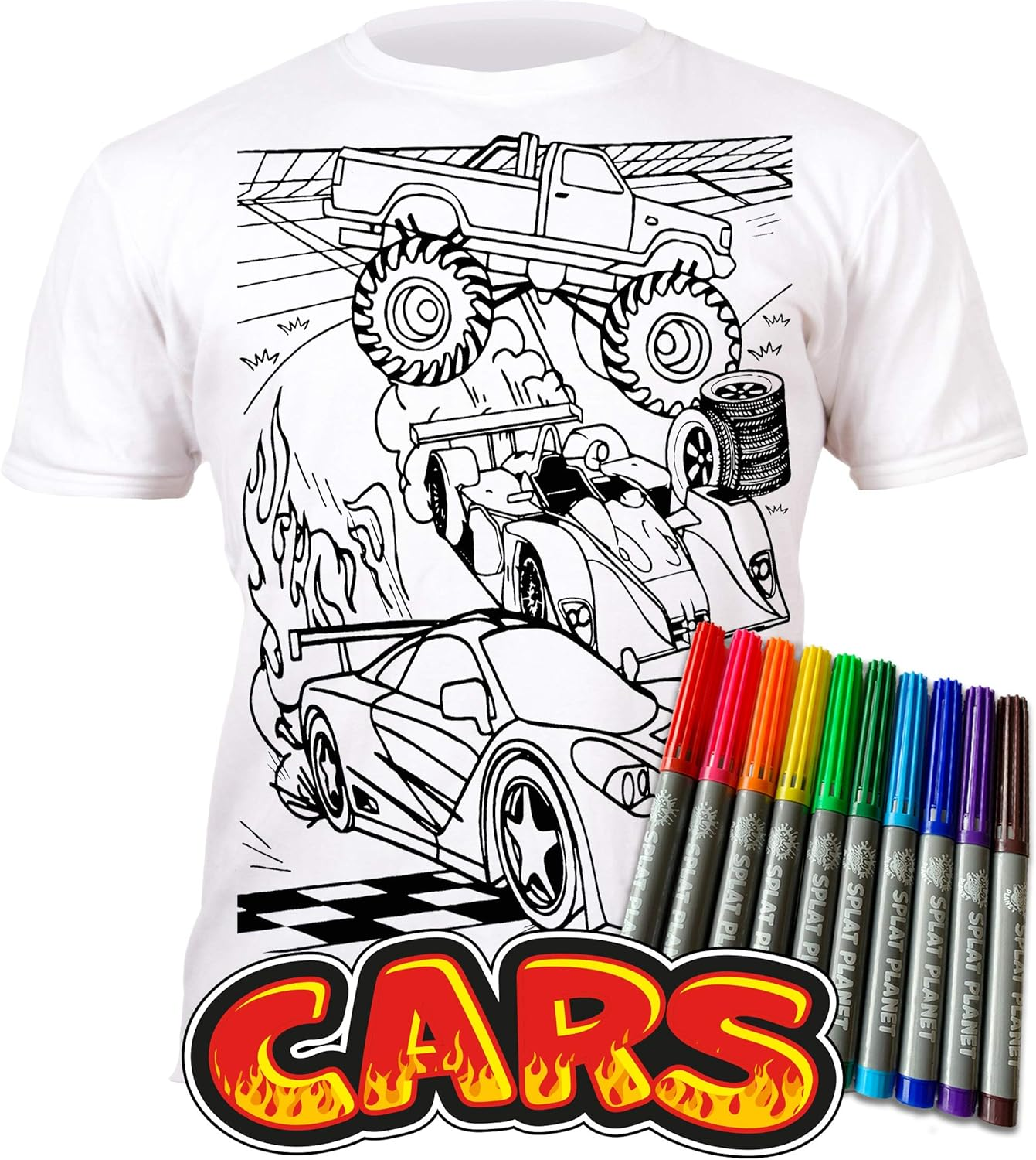 Splat Planet Color in Racing Car T-Shirt with 10 Non-Toxic Washable Magic Pens - Color Your Own T-Shirt image number 2