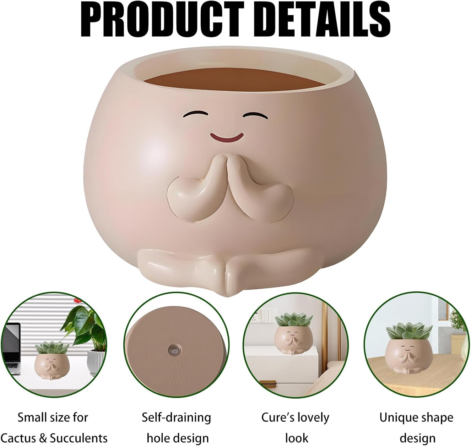 2Pcs Smiley Face Planter Pot, FHDUSRYO Cute Resin Flower Head Planters for Indoor Outdoor, Unique Sit Succulent Pots with Drainage Hole for Mothers Day, Teacher, Plant Lovers (Smily, 10.5X6.5Cm) image number 2