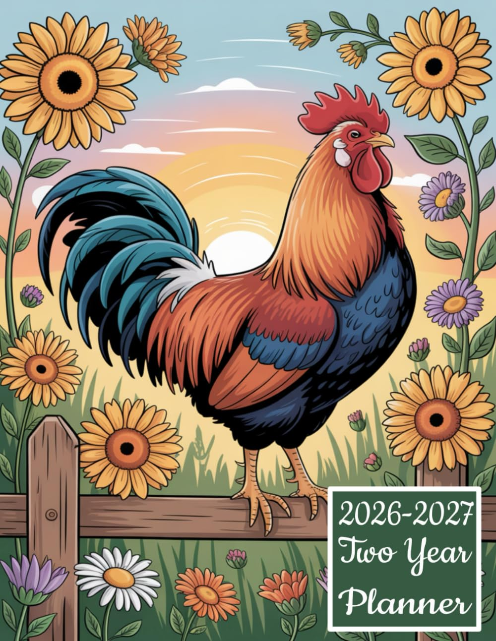 2026-2027 Two Year Planner: Rooster Chicken Themed Cover 2 Page Spreads with Monthly Calendar Grids 24 Month Organizer Schedule Address Contact Notes
