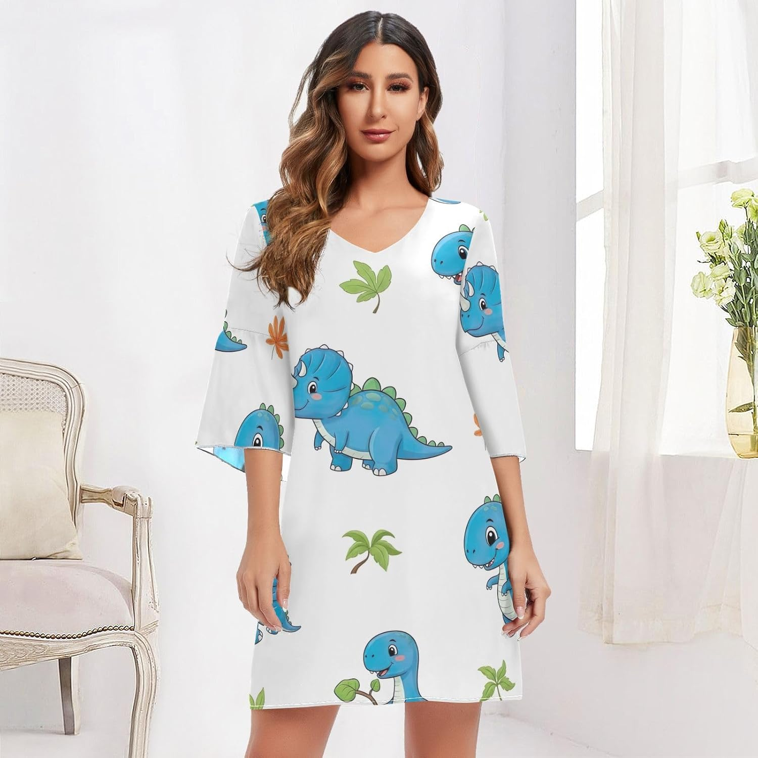Cute Blue Cartoon Dinosaurs Chiffon Dress Printed Maternity Dress Party image number 3