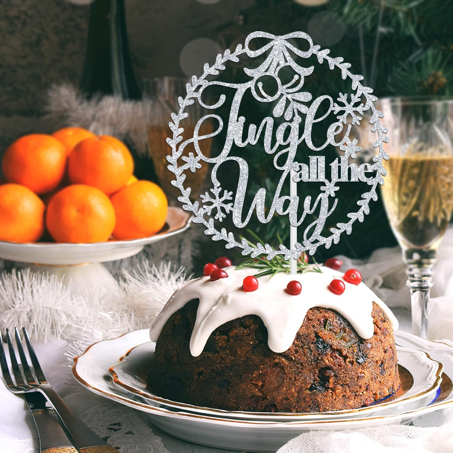 Jingle All the Way Cake Topper, Merry Christmas, Santa Cake Decor, Joyeux Noel Happy New Year Winter Christmas Holidays Eve Party Decoration Supplies, Silver Glitter image number 2