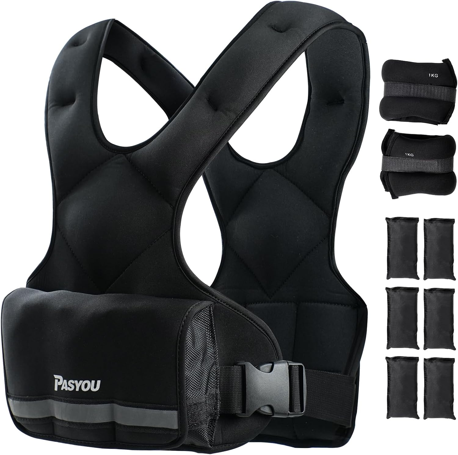 PASYOU Adjustable Weighted Vest 10LB-22LB with Reflective Strip Body Weight Vest with 6 Ironsand Weights 2 Ankle Weights for Men Women Running Weights Vest for Cardio Strength Training Walking Black image number 4