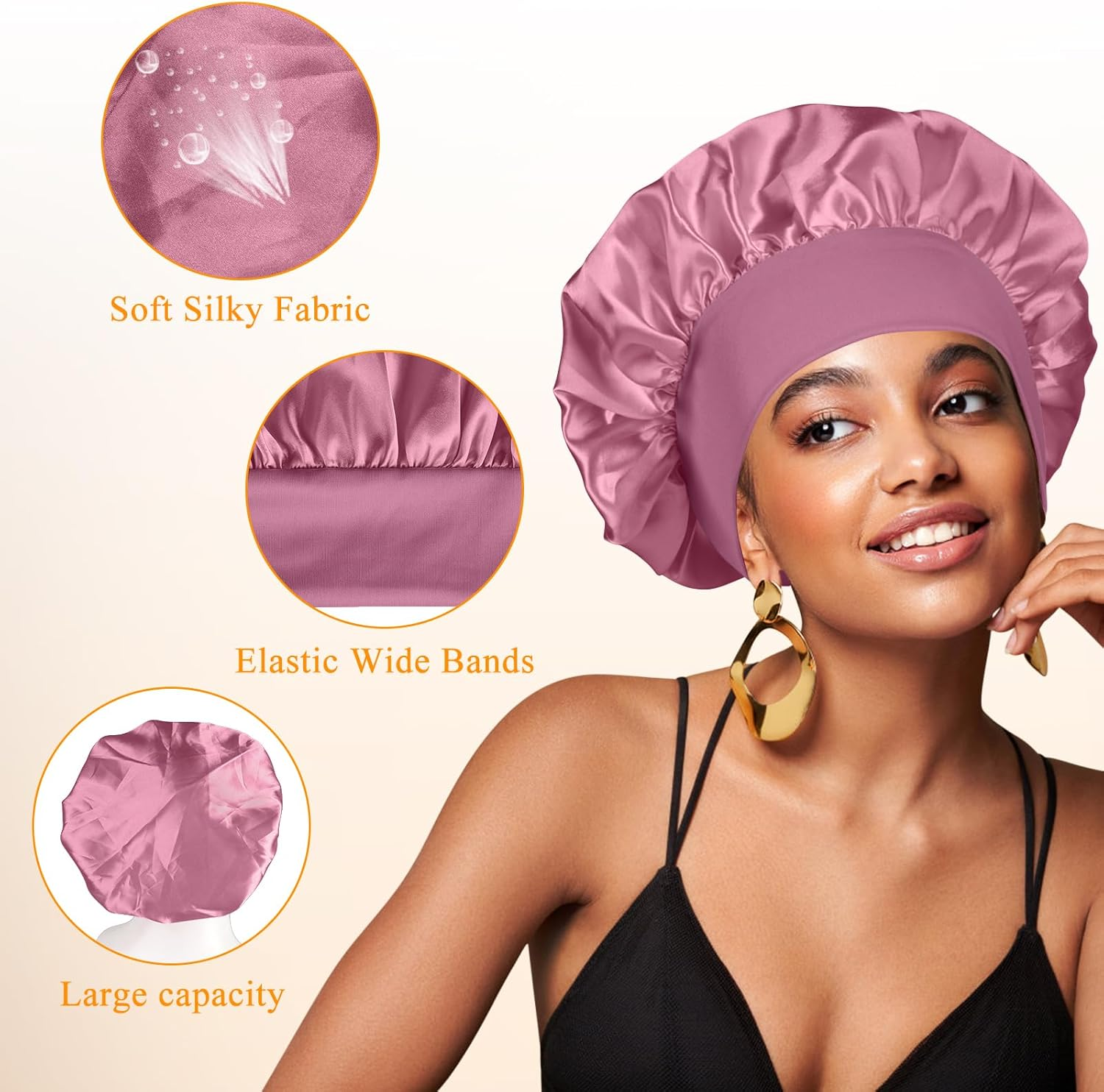Silk Hair Bonnet Sleeping Bonnet Hair Wrap Wide Elastic Band Satin Cap for Women Men Elastic Soft Cap Headwear - Pink image number 4