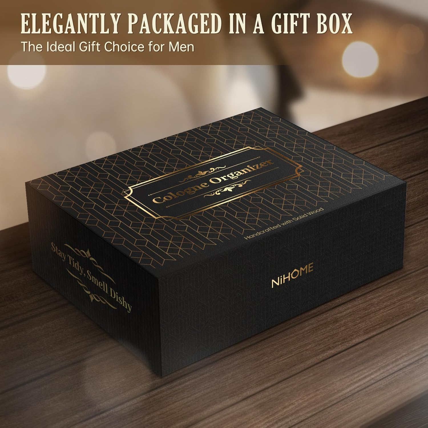 Nihome Handcrafted 3 Tier Wooden Cologne Organizer for Men, Mens Cologne Perfume Stand Organizer Solid Wood W/Hidden Compartments, Multi-Level Storage for Modern Gentleman'S Accessory Organization