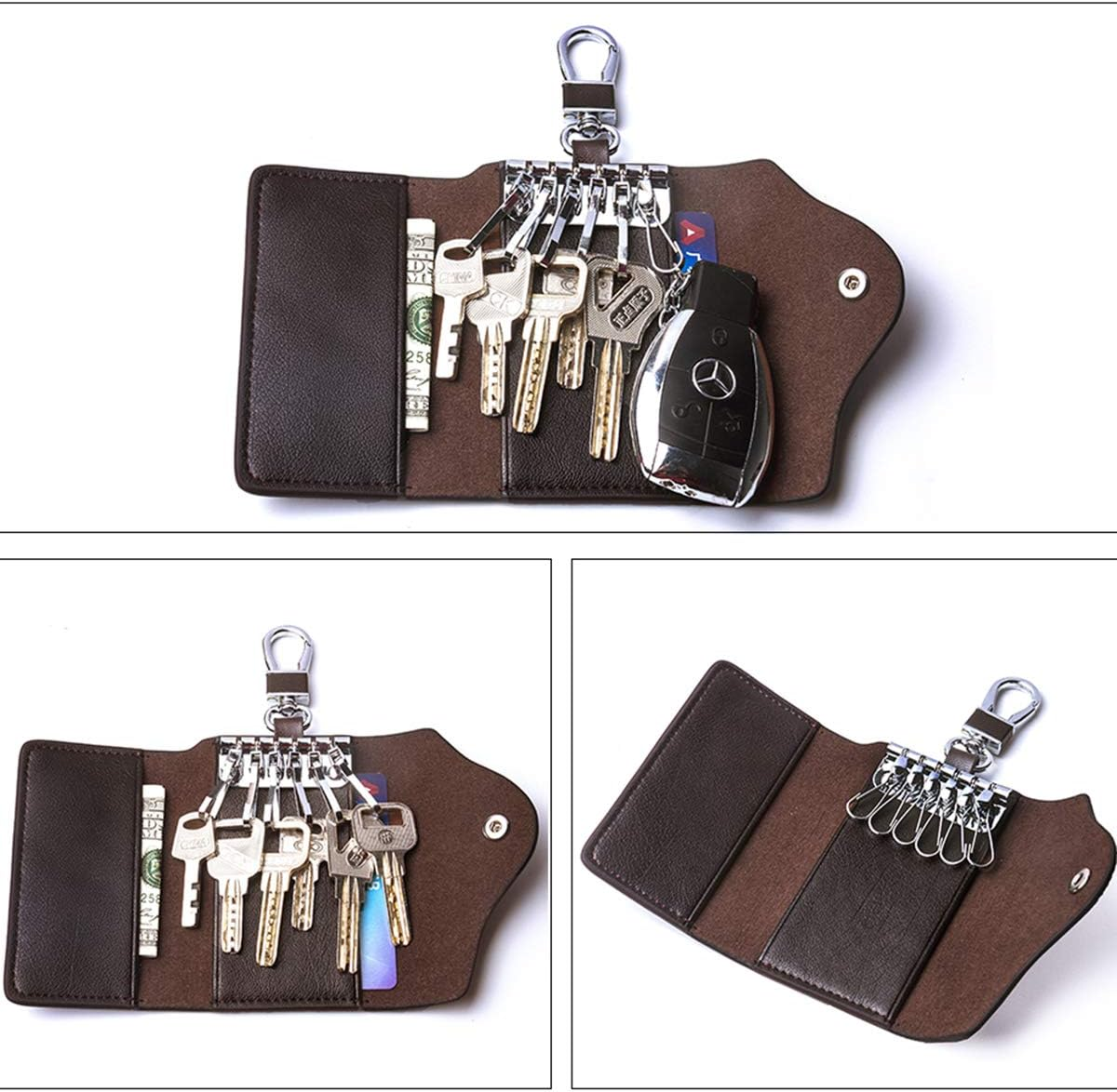 Contacts Car Key Case for Men and Women Small Leather Key Holder Key Cover with 6 Keychains image number 4