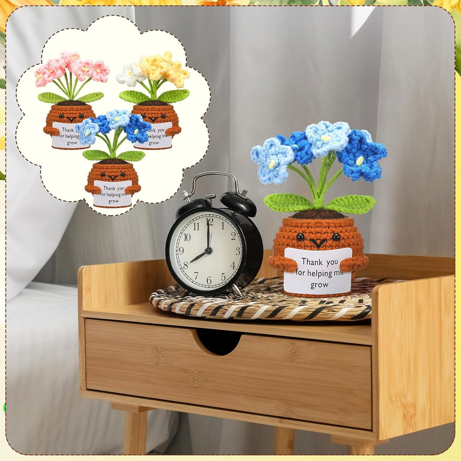 3 Pcs Teacher Appreciation Crochet Doll with Card Thank You for Helping Me Grow Teacher Thank You Presents for Birthday Home Office Decor(Forget Me Not) image number 6