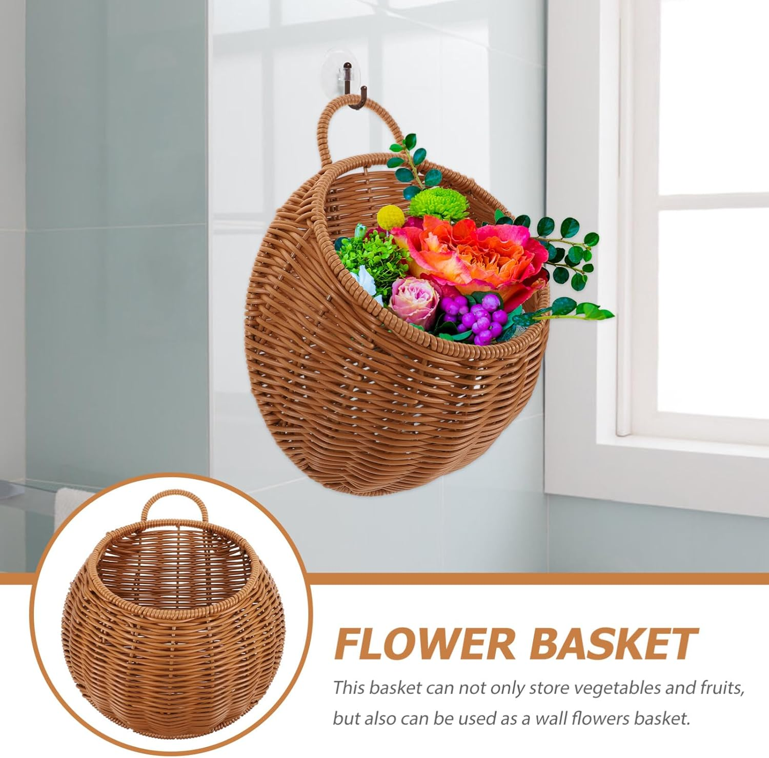 Alipis Woven Basket Hanging Storage Basket Half round Flower Basket Wall Hanging Flower Pot Fruit Vegetable Rattan Box Railing Planter image number 2