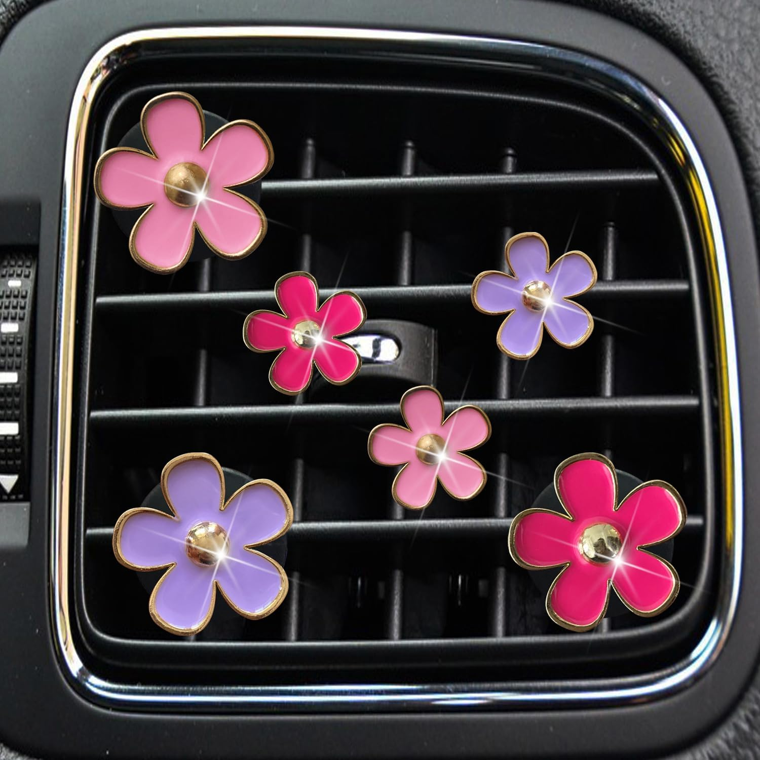 Daisy Air Vent Clips, 6 Pcs Cute Flower Car Air Conditioning Outlet Clip Car Air Freshener Clip Charm Car Interior Decor Charm Colorful Car Interior Accessories for Girls Women (Yellow Purple White)