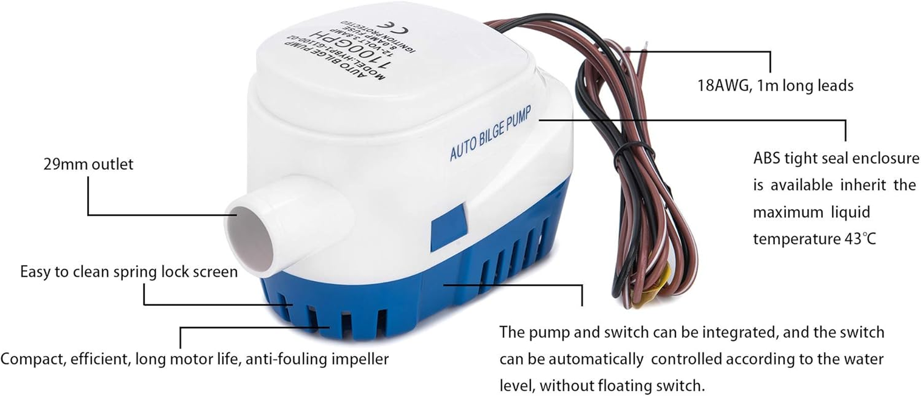 Dontmiss Automatic Submersible Small Boat Bilge Pump 12V 1100Gph Auto with Float Switch Bilge Pump for Boat(Outlet Diameter：1 1/8") (1100GPH) image number 3